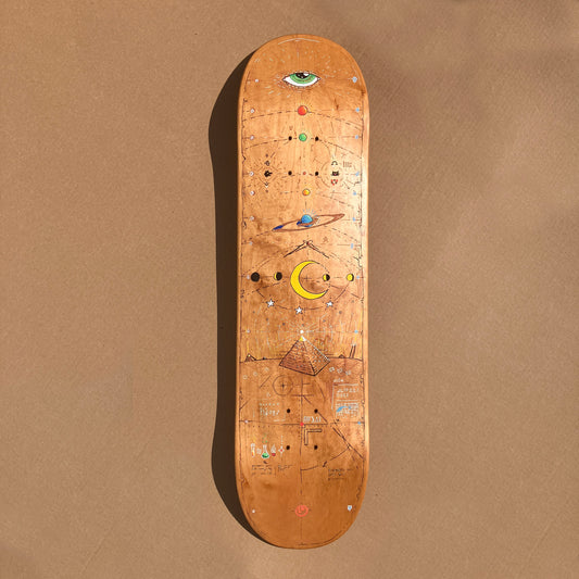 Lore II deck art, mystical clues and paint details, tung oil, varnish, signed by Luke Dorny the artist.